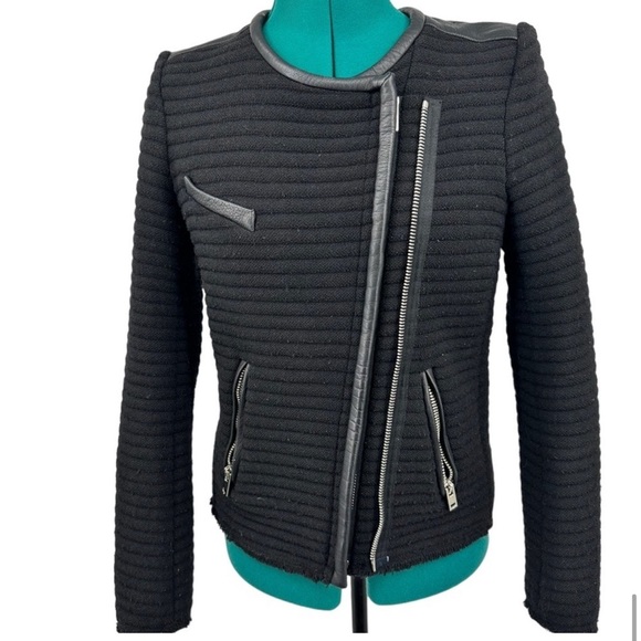 IRO Wool Blend Boucle Maiden Raw Hem Quilted Leather Trim Biker Jacket in Black - Picture 3 of 11